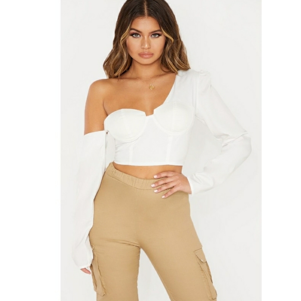 PLT White One Shoulder Cup Detail Crop Shirt